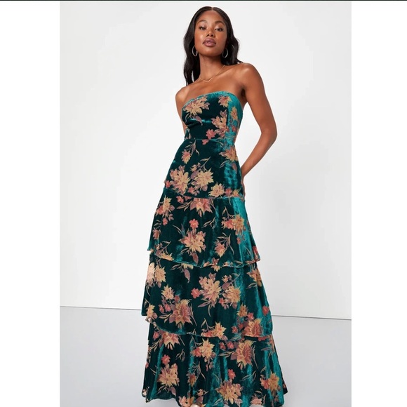 Lulus Dresses & Skirts - Lulu's Real Allure Floral Burnout Velvet Strapless Maxi Dress in Emerald Med.